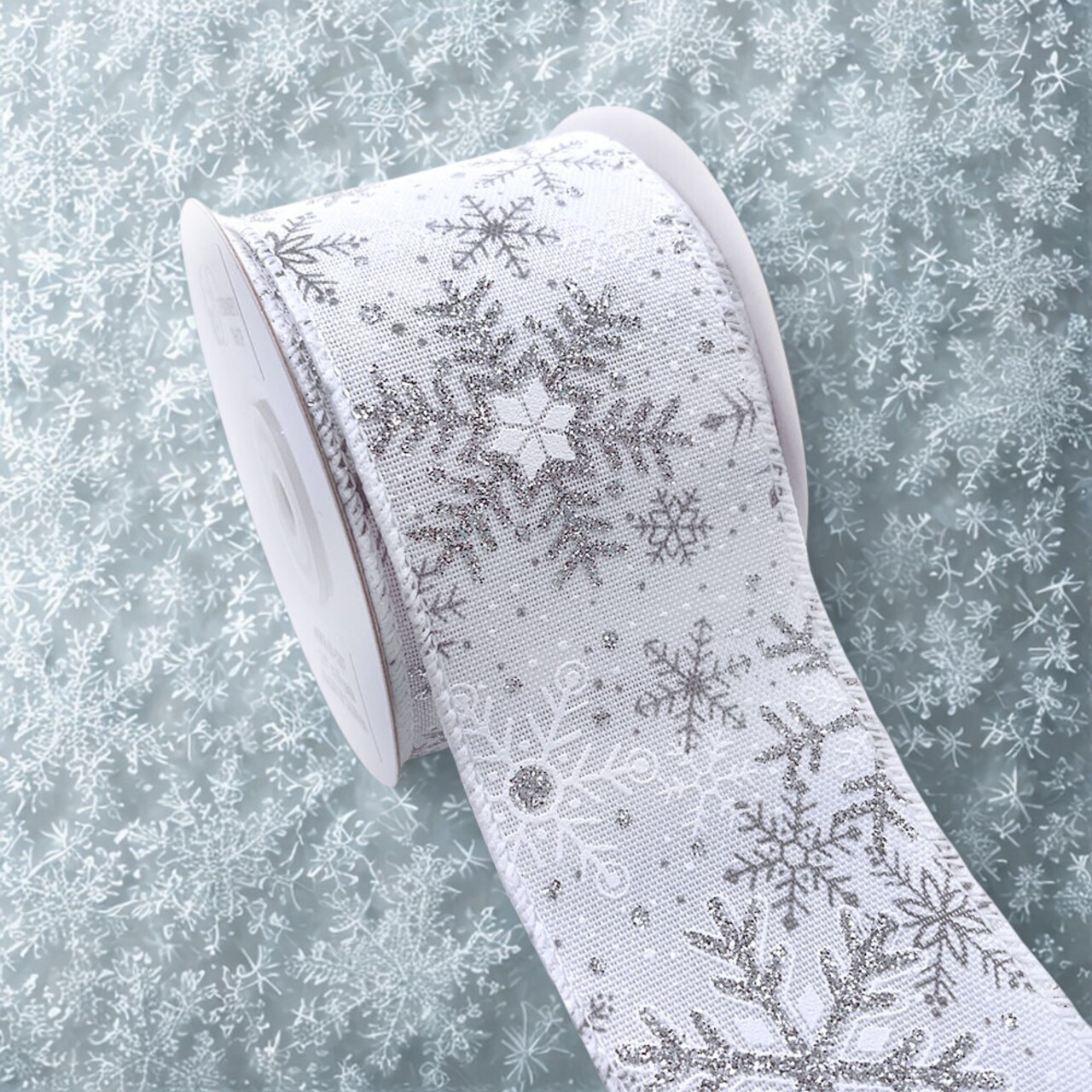 Designer’s Shop WR 63-5207 White Holiday Ribbon with Glitter Snowflakes – Wired Edge 2.5” x 10 Yards for Christmas Tree & Gift Décor